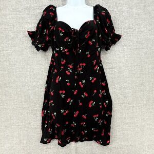 Y2K Floerns Cherry Print Puff Sleeve Dress Women L Empire Milkmaid Babydoll